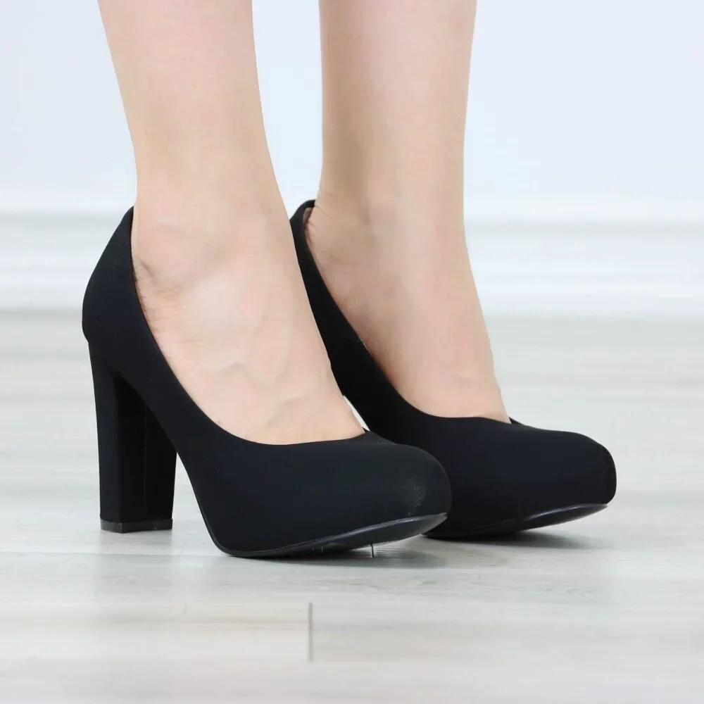 Black Block Heel Pumps Closed Toe Slip On High Heel Classic Style - Picture 9 of 12